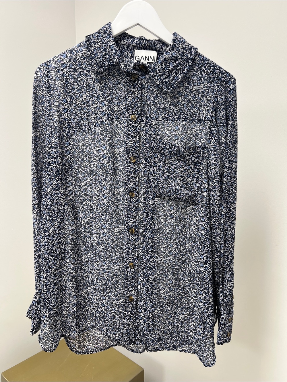 Ganni Navy Micro Floral Button-Down Shirt